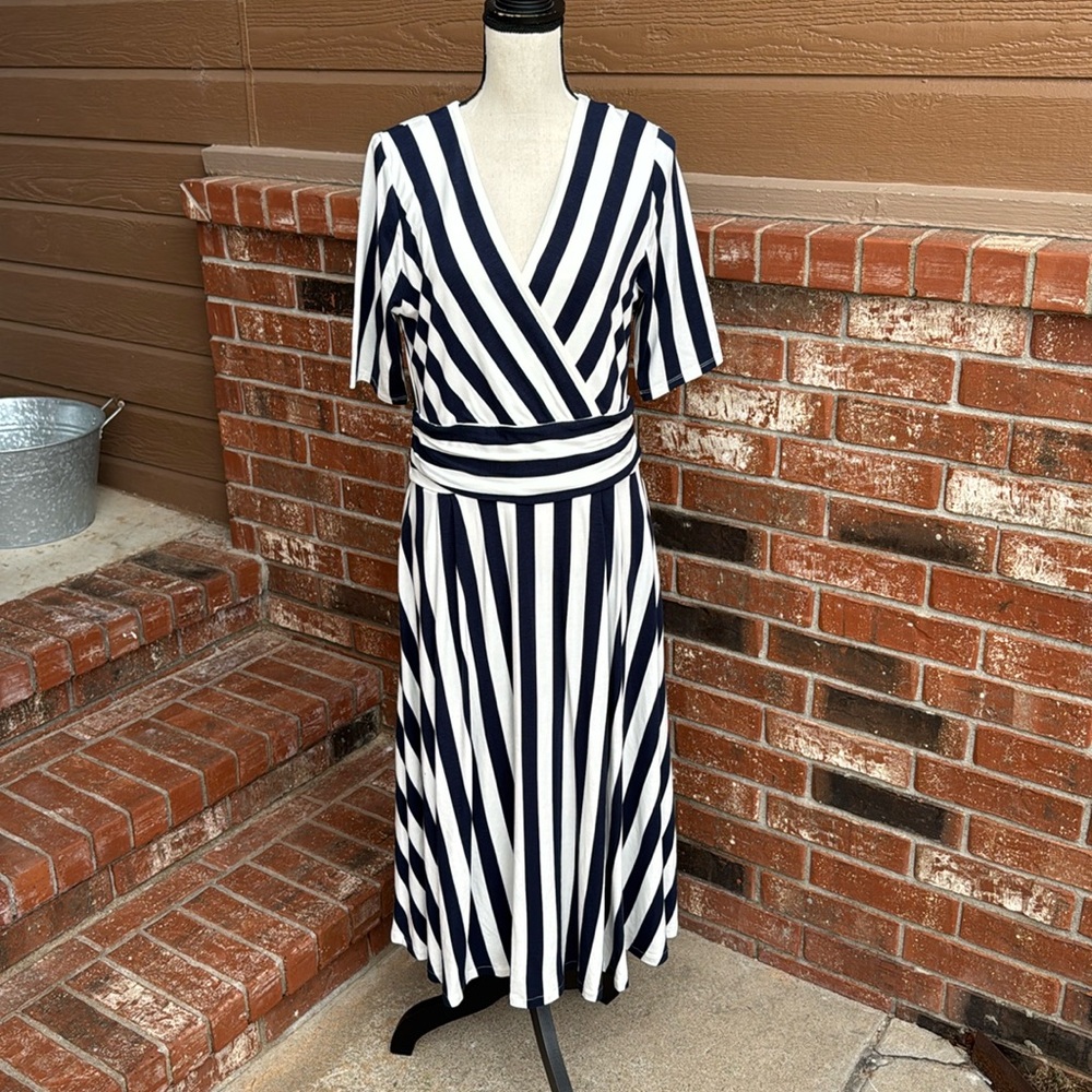 Boden Navy and White Striped Wrap Midi Dress